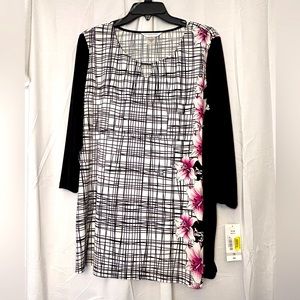Allison Dailey pink, White, & Black Plaid And Floral 3/4 Sleeve Top Size 1X NWT
